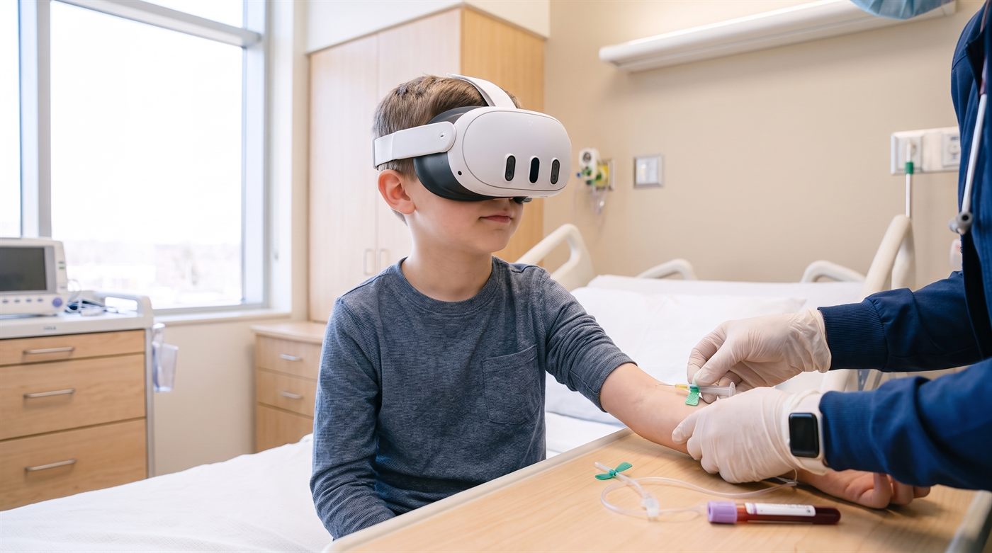 Niño con visor VR durante una punción